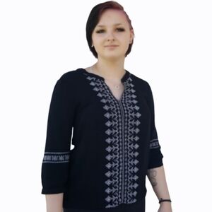 Lace and Mesh Black Top with Embroidered Ethnic Pattern, Vintage Shirt (M)
